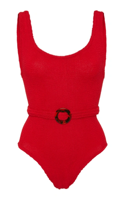Shop Hunza G Solitaire Belted Seersucker Swimsuit In Red