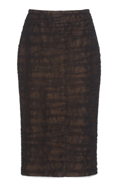 Shop Rochas Ruched Chantilly Lace Pencil Skirt In Black
