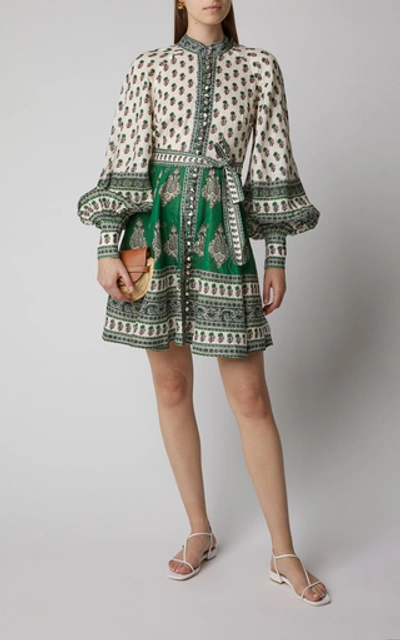Shop Zimmermann Amari Multi-print Linen Mini Dress In Green
