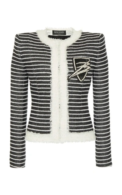 Shop Balmain Straight Collarless Striped Jacket In Black/white