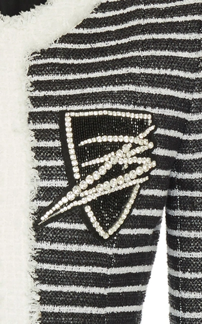 Shop Balmain Straight Collarless Striped Jacket In Black/white