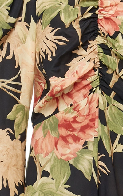 Shop Zimmermann Ruched Floral-print Silk-blend Midi Dress