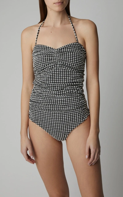 Shop Ganni Gingham Halterneck Seersucker Swimsuit In Black/white