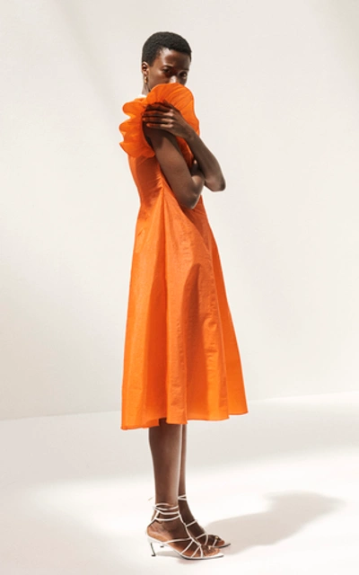 Shop Beaufille Dorado Ruffle-sleeve Crepe Midi Dress In Orange
