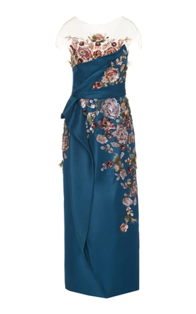 Shop Marchesa Floral-embroidered Silk-gazar Midi Dress In Blue