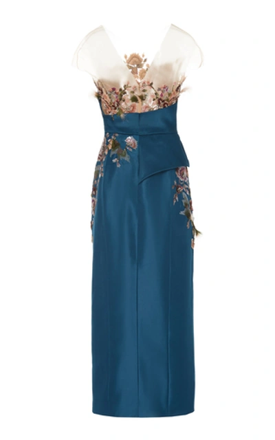 Shop Marchesa Floral-embroidered Silk-gazar Midi Dress In Blue