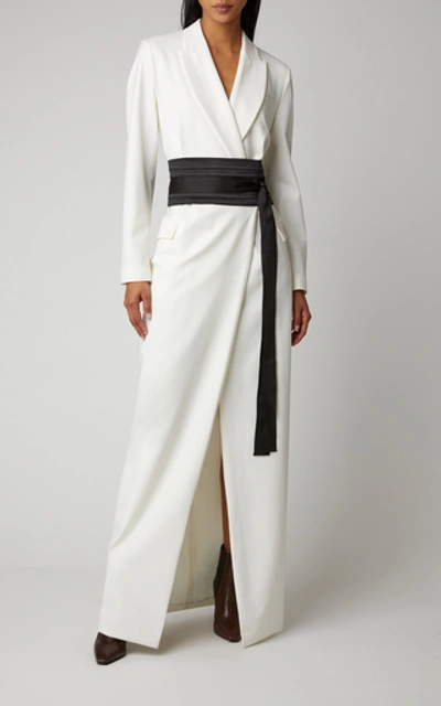 Shop Brunello Cucinelli Belted Wool-blend Gabardine Gown In White