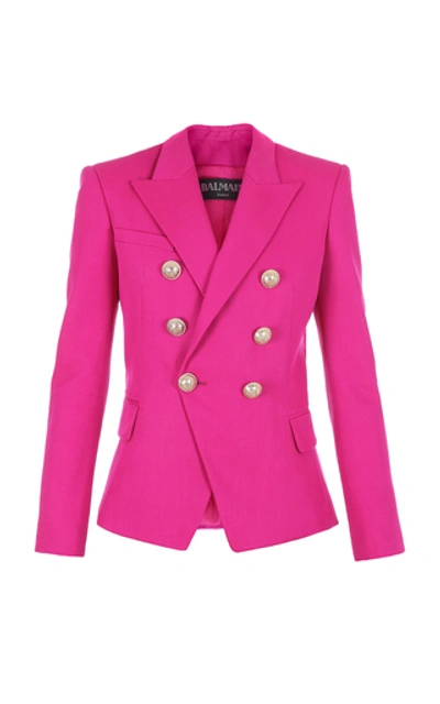 Shop Balmain Fitted Classic Wool Blazer In Pink
