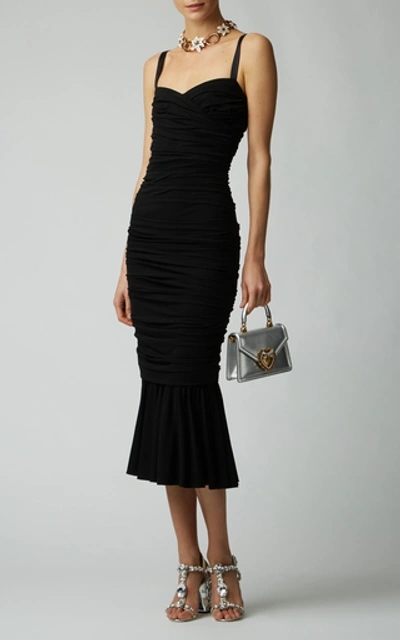 Shop Dolce & Gabbana Ruched Stretch-crepe Midi Dress In Black