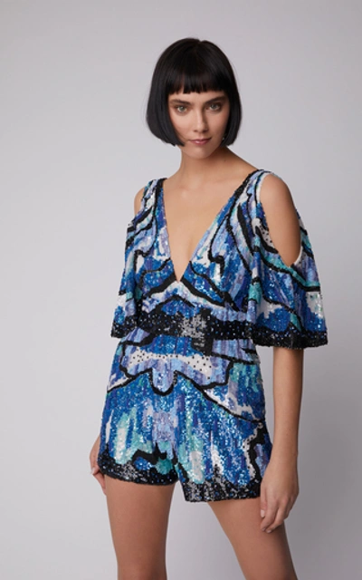 Shop Zuhair Murad Cold-shoulder Embroidered Silk-blend Jumpsuit In Print