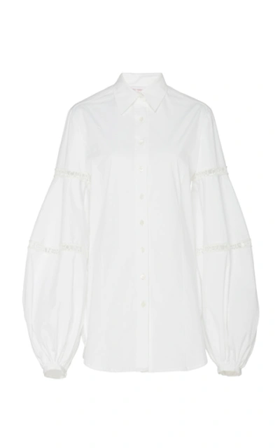 Shop Carolina Herrera Lace-trimmed Stretch Cotton-blend Shirt In White
