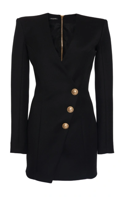 Shop Balmain Structured Buttoned Cotton Wrap Dress In Black