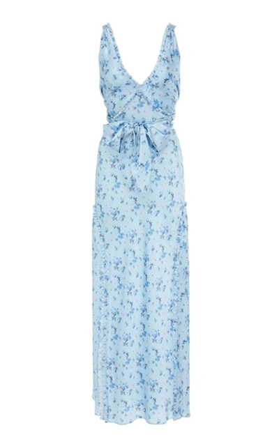 Shop Loveshackfancy Kendall Bow-tie Detailed Floral-print Silk Dress In Blue