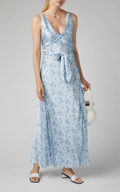 Shop Loveshackfancy Kendall Bow-tie Detailed Floral-print Silk Dress In Blue