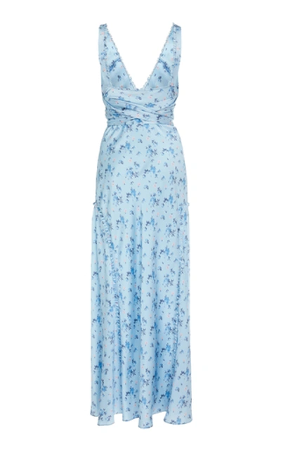 Shop Loveshackfancy Kendall Bow-tie Detailed Floral-print Silk Dress In Blue