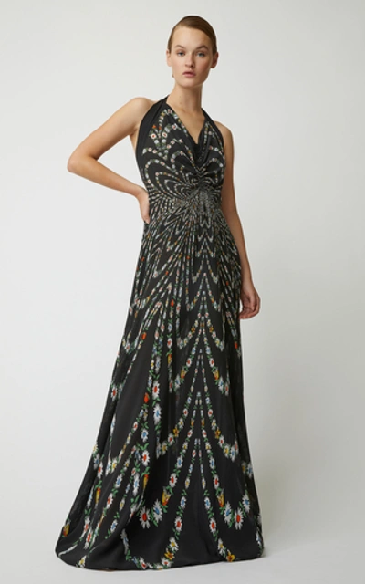 Shop Givenchy Pleated Floral-print Silk-crepe Halter Gown  In Black