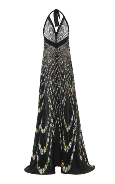 Shop Givenchy Pleated Floral-print Silk-crepe Halter Gown  In Black