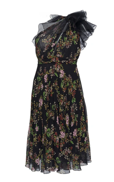 Shop Giambattista Valli One-shoulder Floral-print Silk-plissé Dress