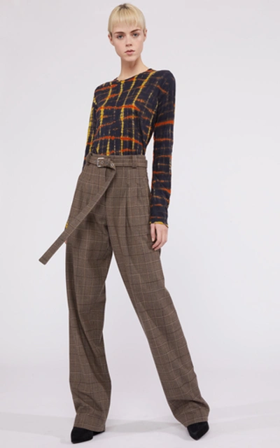 Shop Proenza Schouler Belted Checked Wool-blend Straight-leg Pants In Brown