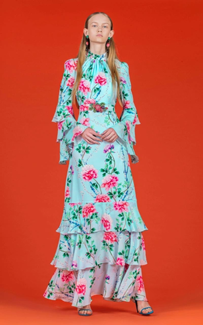 Shop Andrew Gn Tiered Floral Maxi Dress In Blue