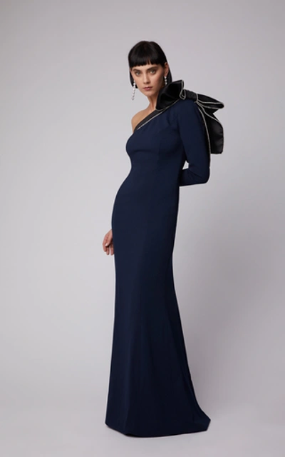 Shop Elizabeth Kennedy One-shoulder Crepe Gown In Blue
