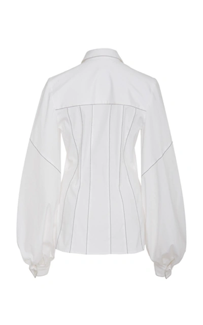 Shop Carolina Herrera Pinstriped Cotton-blend Top In White