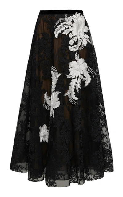 Shop Marchesa Point D'espirit Tulle And Corded Lace Midi Skirt In Black
