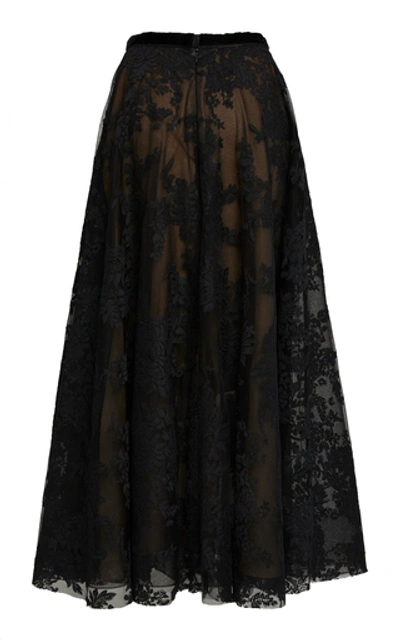 Shop Marchesa Point D'espirit Tulle And Corded Lace Midi Skirt In Black