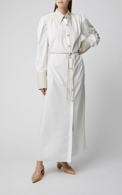 Shop Nanushka Yoon Vegan Leather-trimmed Cotton Maxi Dress In White