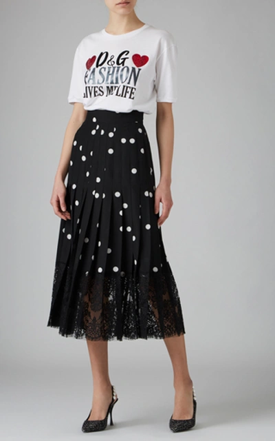 Shop Dolce & Gabbana Lace-trimmed Polka-dot Silk-blend Midi Skirt In Print