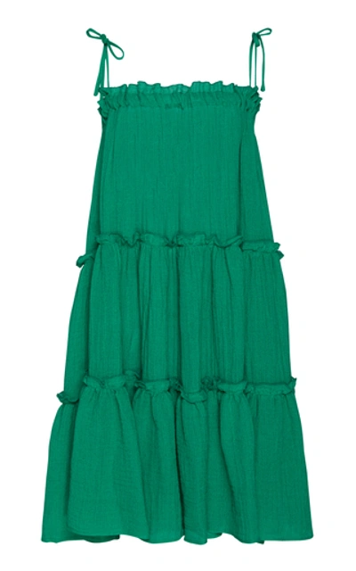 Shop Lisa Marie Fernandez Drop-shoulder Tiered Ruffled Linen-blend Dress In Green