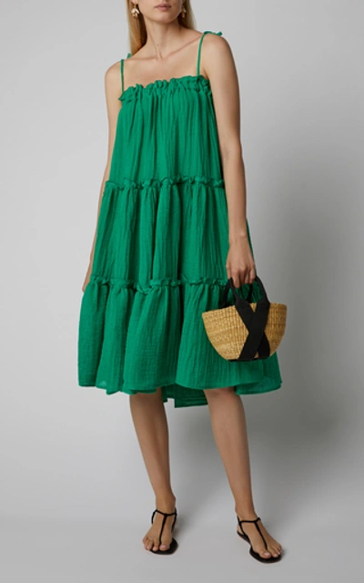 Shop Lisa Marie Fernandez Drop-shoulder Tiered Ruffled Linen-blend Dress In Green