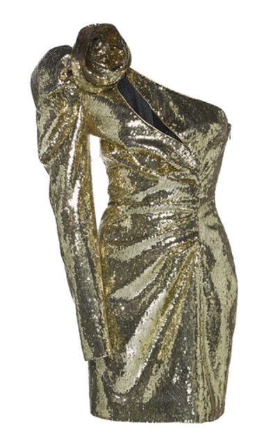 Shop Dundas One-shoulder Sequined Tulle Mini Dress In Gold