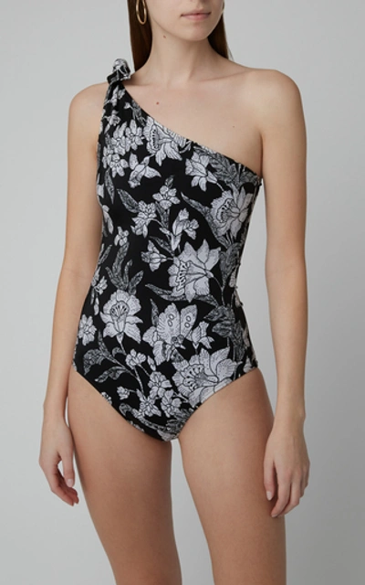 Shop La Doublej Goddess Printed One-shoulder One-piece Swimsuit In Black