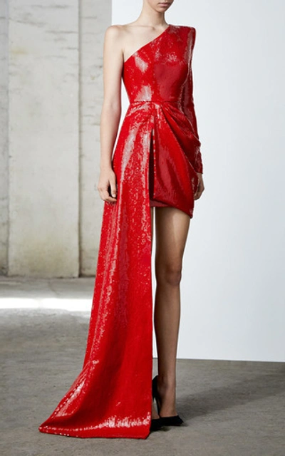 Shop Alex Perry Preston Sequined One-shoulder Asymmetrical Dress In Red