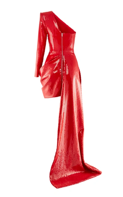Shop Alex Perry Preston Sequined One-shoulder Asymmetrical Dress In Red