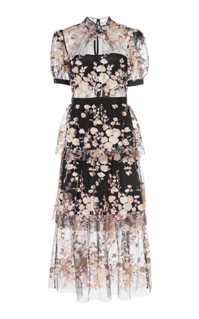 Self portrait Floral embroidered Mesh Midi Dress ModeSens