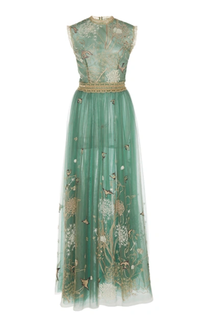Shop Costarellos Story-telling Embroidered Tulle Dress In Green