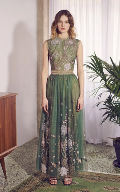 Shop Costarellos Story-telling Embroidered Tulle Dress In Green