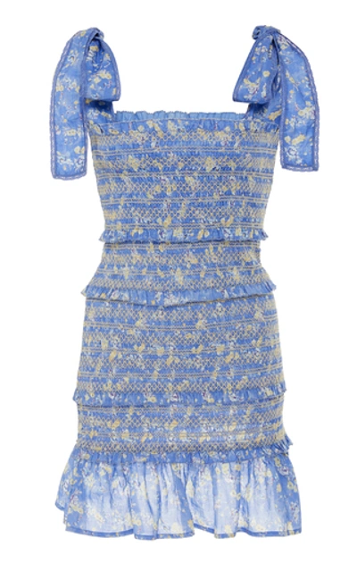 Shop Loveshackfancy Belle Smocked Floral-print Cotton Mini Dress In Blue
