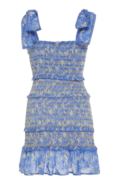Shop Loveshackfancy Belle Smocked Floral-print Cotton Mini Dress In Blue