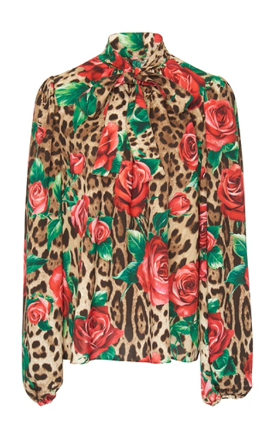 Shop Dolce & Gabbana Floral And Leopard Crepe Pussybow Blouse