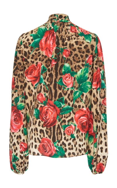 Shop Dolce & Gabbana Floral And Leopard Crepe Pussybow Blouse