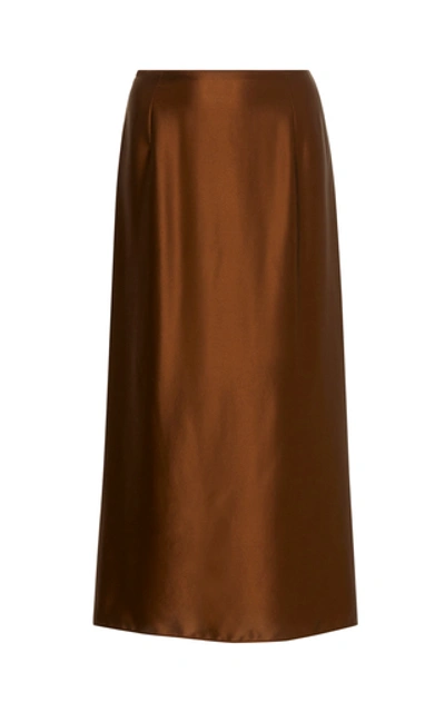 Shop Vince Silk-satin Midi Skirt In Brown