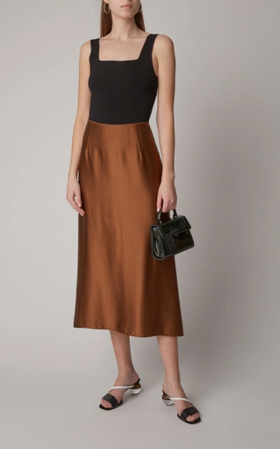 Shop Vince Silk-satin Midi Skirt In Brown