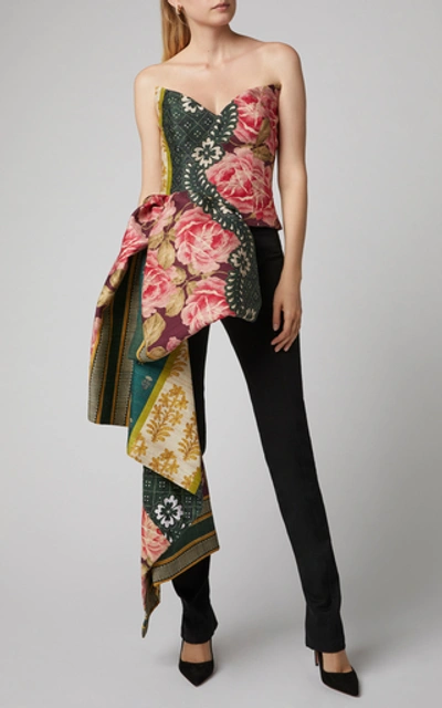 Shop Oscar De La Renta Strapless Asymmetric Floral-print Silk-blend Top In Multi