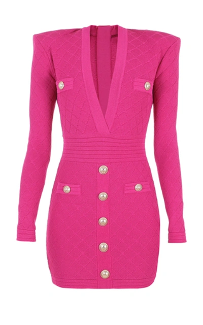 Shop Balmain Cinched Waist Stretch Jacquard-knit Dress In Pink