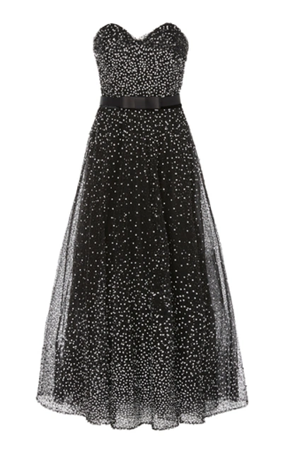 Shop Marchesa Strapless Sequined Tulle Midi Dress In Black