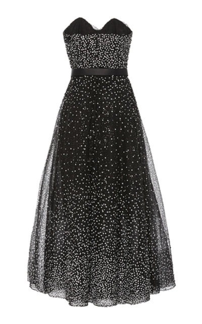 Shop Marchesa Strapless Sequined Tulle Midi Dress In Black