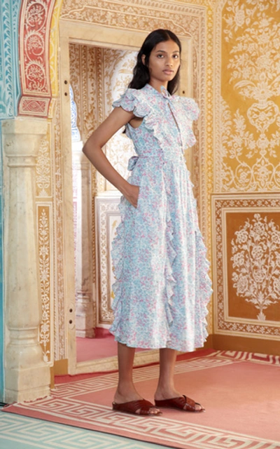 Shop Banjanan Flora Ruffled Printed Cotton Dress In Blue
